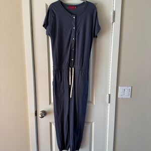 Women's Navy Short-Sleeve Button-Front Jumpsuit with Drawstring